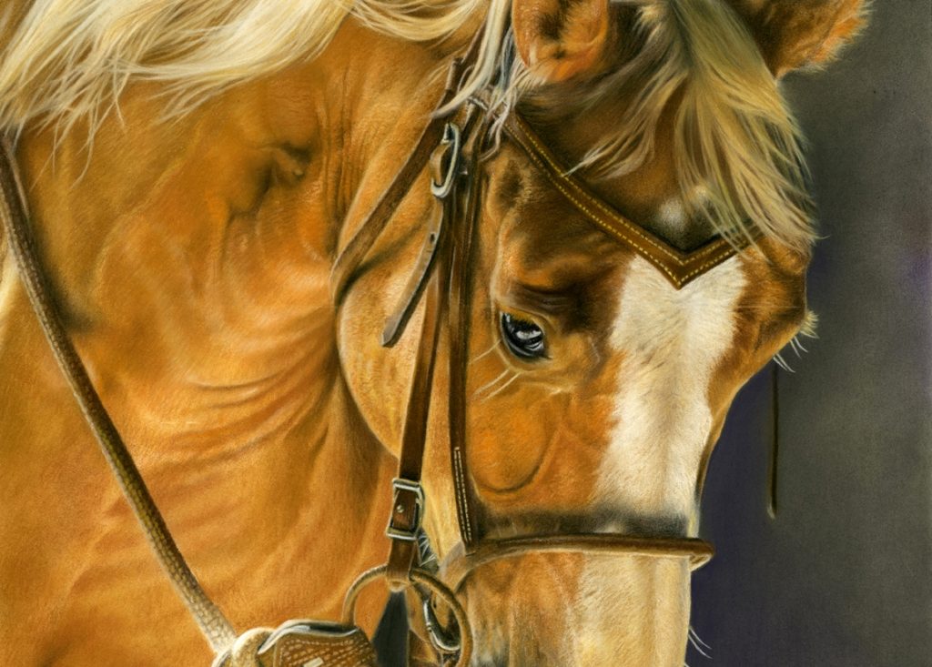 Moment in the Spotlight pastel painting of a beautiful palomino horse
